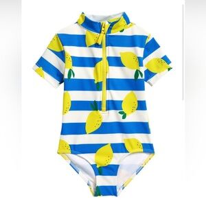 Boden Kids Lemon Print Blue Stripe One Piece Rashguard Swimsuit 2-3Y NWT